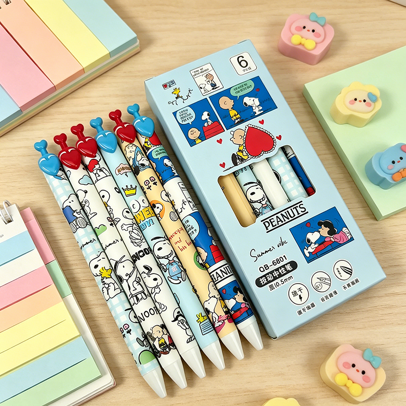 6 ชิ้น สนูปปี้ ชุดปากกาเจล 0.5 มม. แห้งเร็ว หมึกสีดำกดลายเซ็นปากกาห้องเรียนนักเรียนสำนักงานกลับไปโรงเรียนเครื่องเขียนของขวัญ