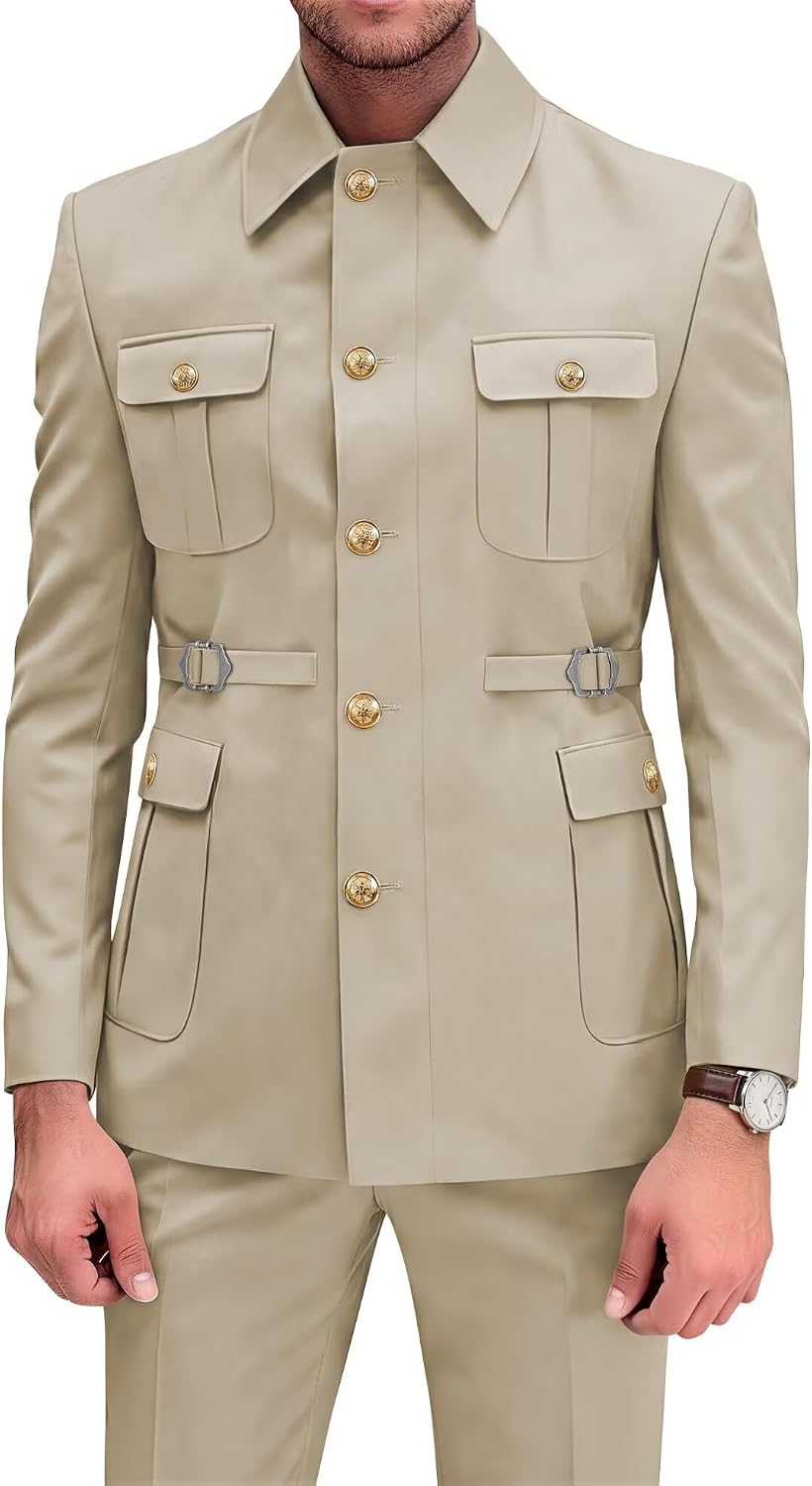 Traje Chino para Hombre, Cuello Mao, Estilo Safari, 2 Piezas, Corte Entallado, para Boda o Fiesta, Blazer y Pantalón con Botones Dorados