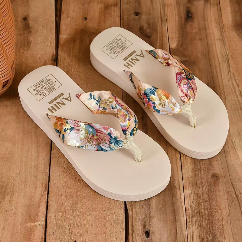 Summer Floral Printing Slippers Women Bohemian Satin Strap Flat Flip Flops Outdoor Thick Bottom Beach Shoes Pantuflas Mujer