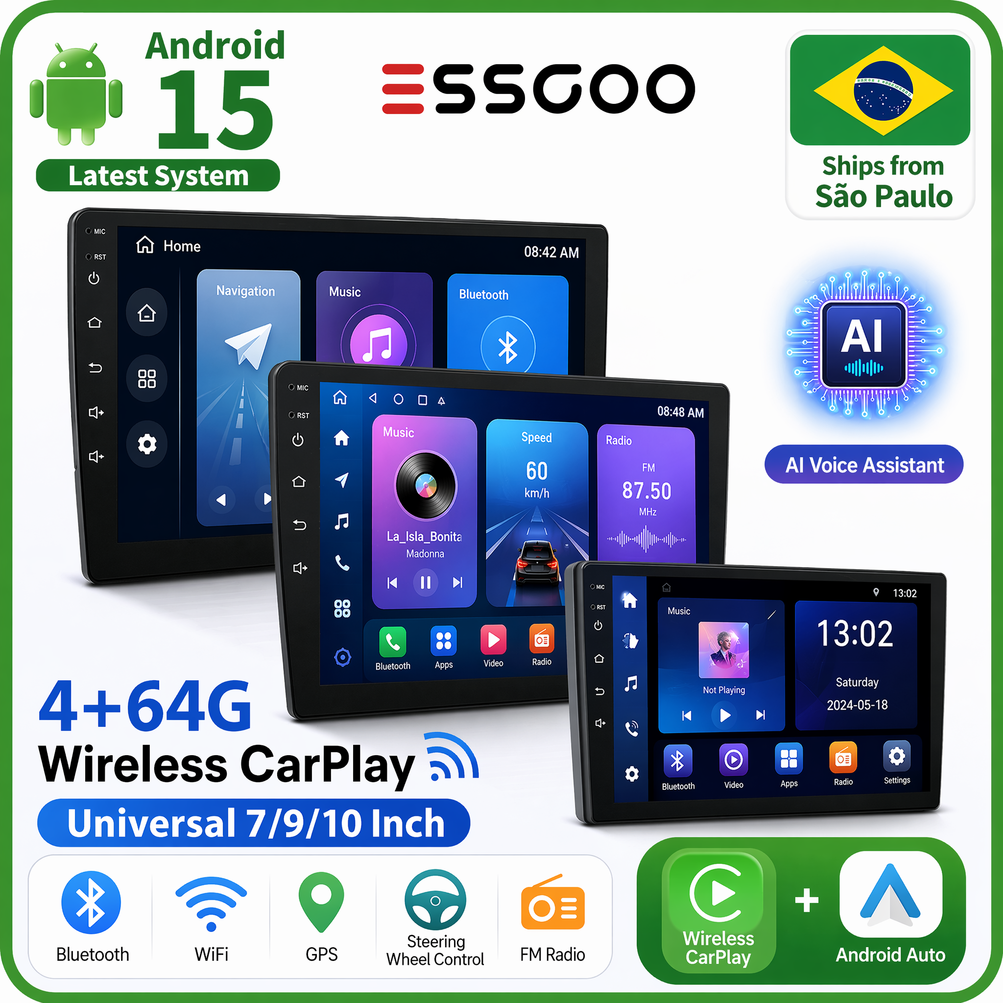 ESSGOO Android 15 Autoradio Kabelloses Carplay 4G 64G Multimedia-Videoplayer 7 9 Zoll GPS WIFI Für Nissan Kia Honda VW Hyundai