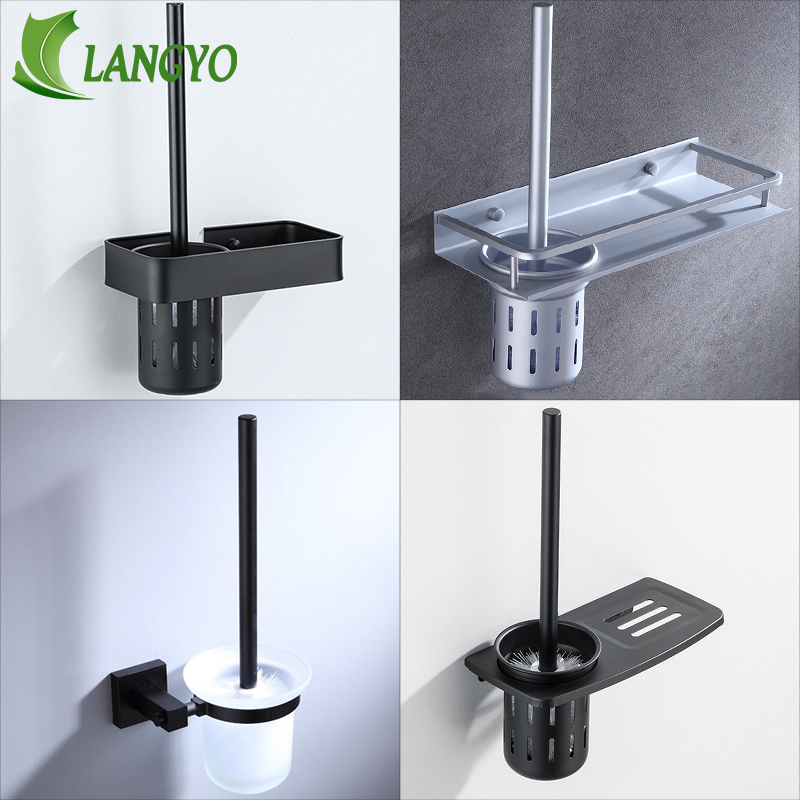 LANGYO-Juego de escobillas de baño, herramienta de limpieza montada en la pared, color negro, plateado y gris