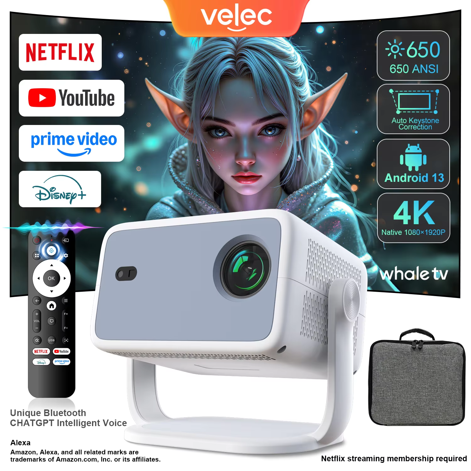 Проектор Velec TP350 650ANSI 4K HD 1080P с поддержкой Netflix, автофокусом, Android, портативный, для улицы, домашнего кинотеатра