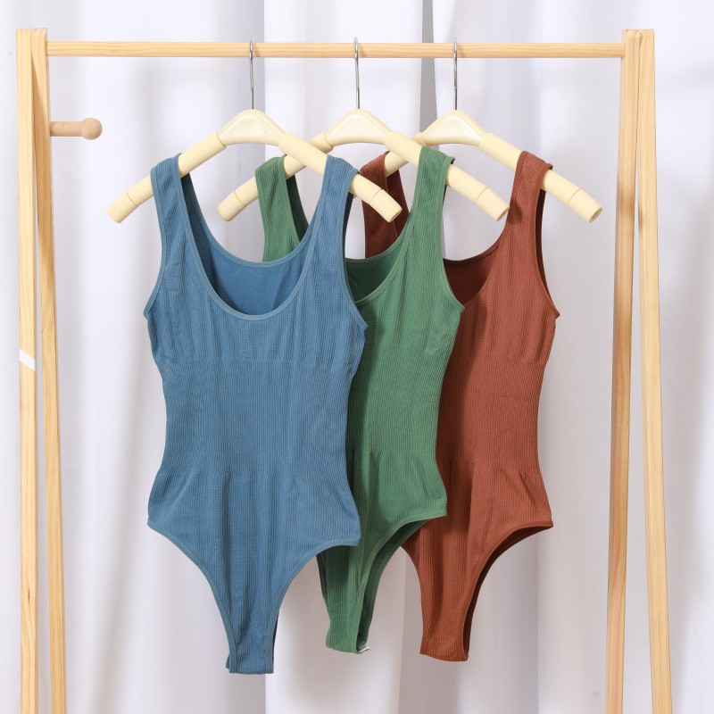 Naadloze geribbelde mouwloze bodysuit voor dames, draadloze tanktop, stretch-shapewear, comfort, dagelijks gebruik, casual tank-bodysuit, één maat