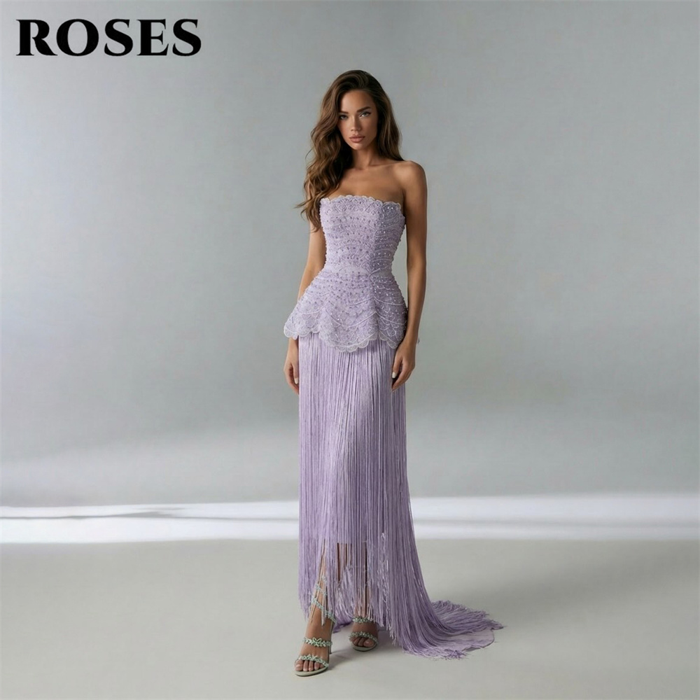 ROSES Vestido de fiesta morado claro, vestido de noche sin tirantes con flecos, vestido de fiesta con peplum de encaje y cuentas, personalizado