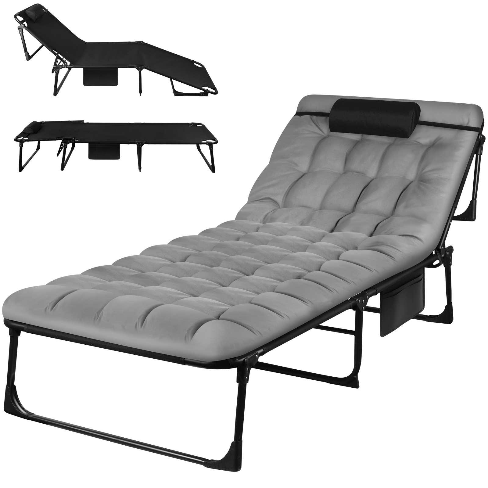 Lit de camping pliant portable – Chaise longue inclinable réglable à 3 positions avec oreiller, lit de couchage extérieur (68 cm de large)