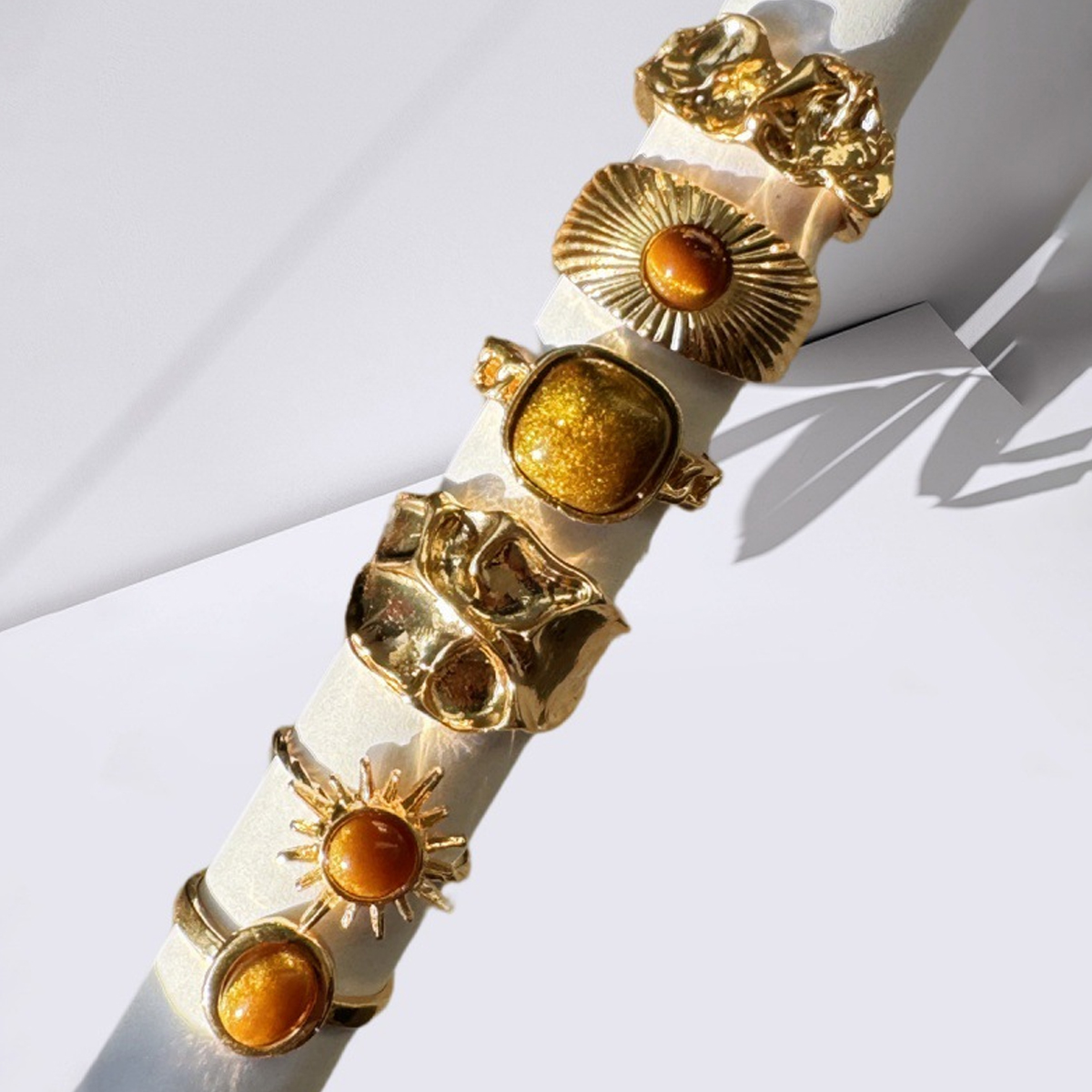 Conjunto de anillos de piedra de ojo de tigre y girasol para mujer, anillos abiertos estéticos de Color dorado Irregular Vintage, regalos de joyería para fiesta, 6 uds.