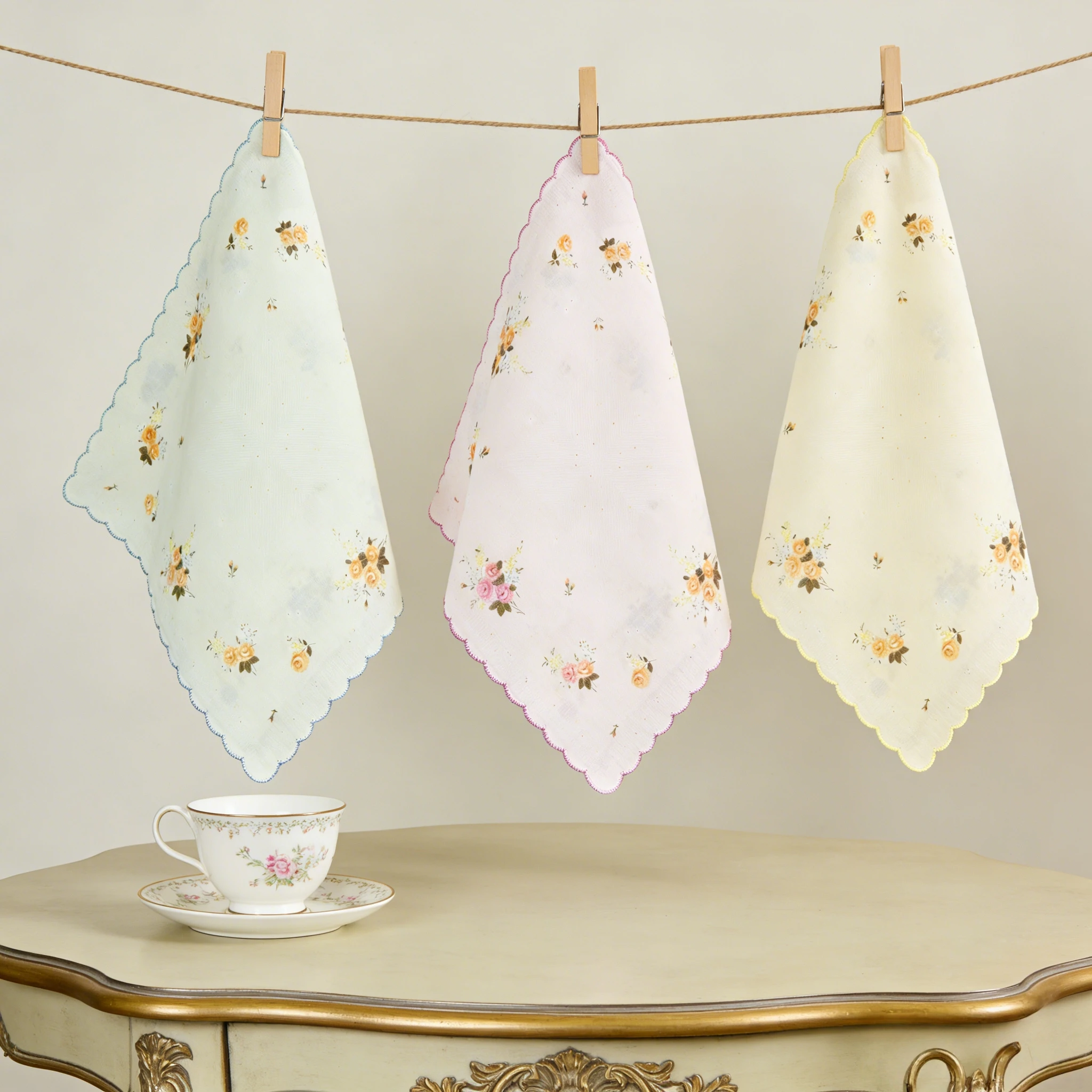 Damen Vintage Blumenmuster Taschentücher 3/6er Pack Dünne Taschentücher mit Wellenrand 29cm