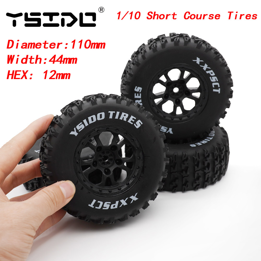 Ysido 4 peças 110mm 1/10 pneus de caminhão de curso curto roda com 12mm hex para slash arrma senton huanqi 727 vkar 10sc hpi rc carro