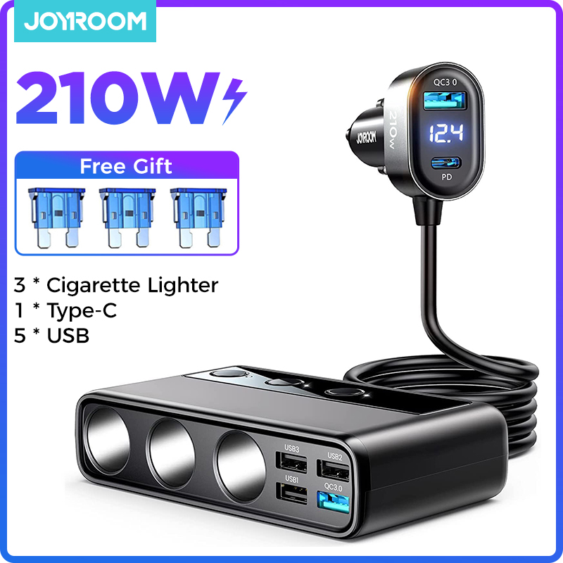 Joyroom 210W Autolader Adapter 9 in 1 Snelle Power Adapter Aansteker Splitter Opladen Onafhankelijke Schakelaars DC Sigarettenaansluiting