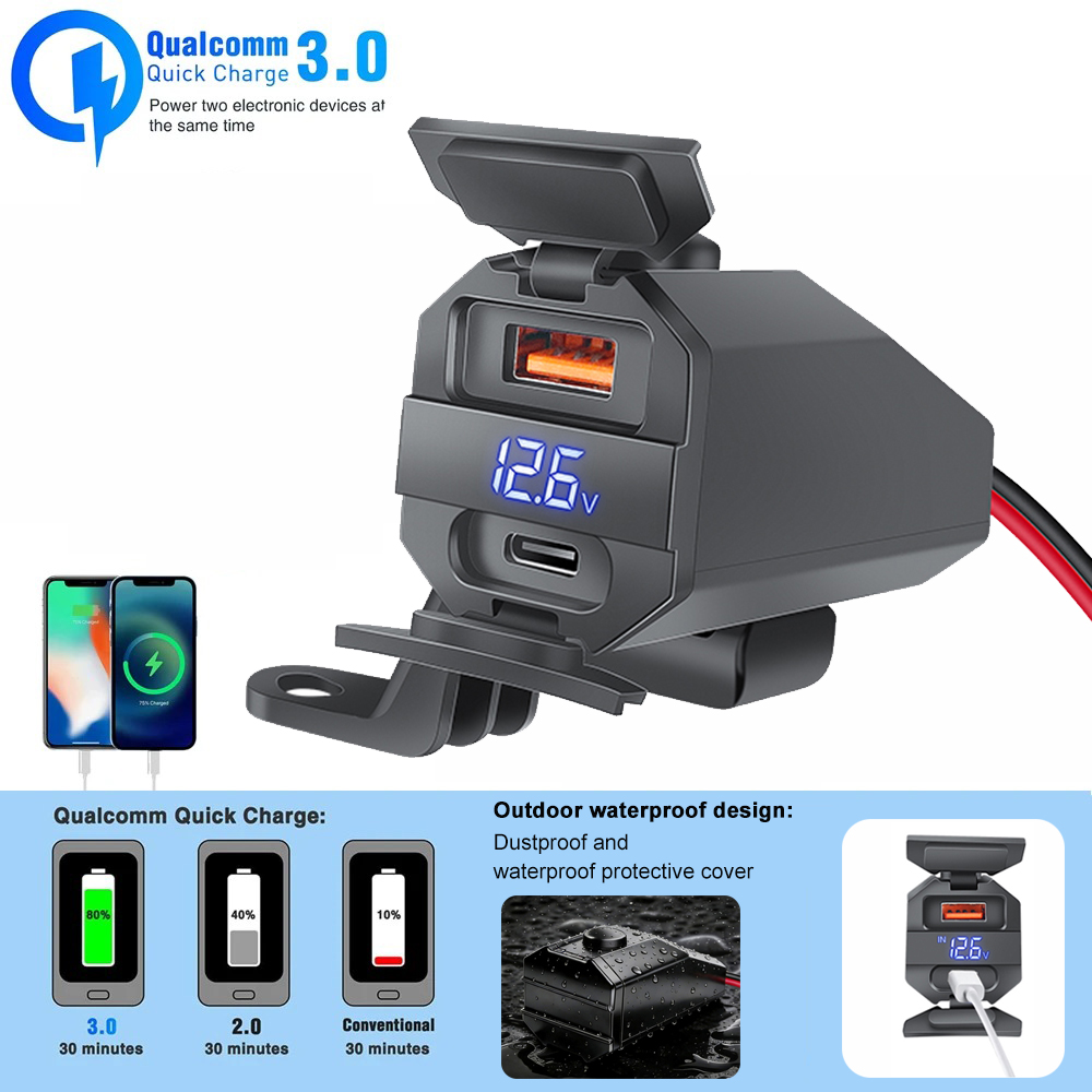 Chargeur USB rapide pour moto PD + QC3.0, 100W, double prise USB pour guidon avec voltmètre numérique, adaptateur d'alimentation 12V étanche