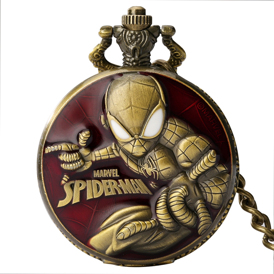 Marvel Spiderman USA Comic Anime Thema Bronze Quarz Taschenuhr Halskette Retro Anhänger Uhr Fans Geschenke für Männer Frauen 2022