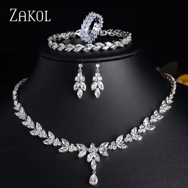ZAKOL Luxus Brilliant Zirkonia Blatt Halskette Ohrringe Ringe Armbänder Set für Frauen CZ Drop Braut Hochzeit Schmuck Setzt Neue