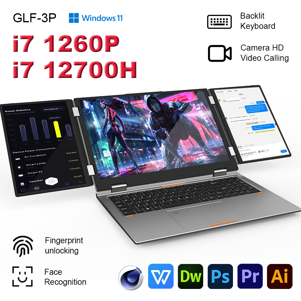 NUEVA computadora portátil para juegos de triple pantalla 16 + 10,5 + 10,5 pulgadas Intel Core i7 1260P 64GB RAM 2TB computadora de negocios RJ45 huella digital + cara