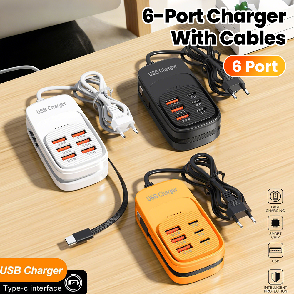 Cargador USB Rápido 6 en 1, Regleta de Carga Tipo C, Estación de Carga de Escritorio, Cable de Carga Rápida, 3PD, 3USB, Enchufe EU/UK/US, Adaptador USB