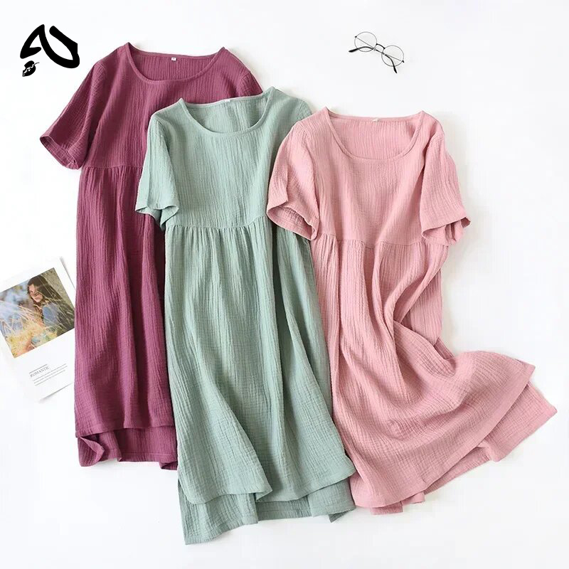 Original Vintage 100% Cotton Gauze Summer Dress Solid O-Neck Short Long Basic Home Women Sundress Parent-Child Outfit Muslim