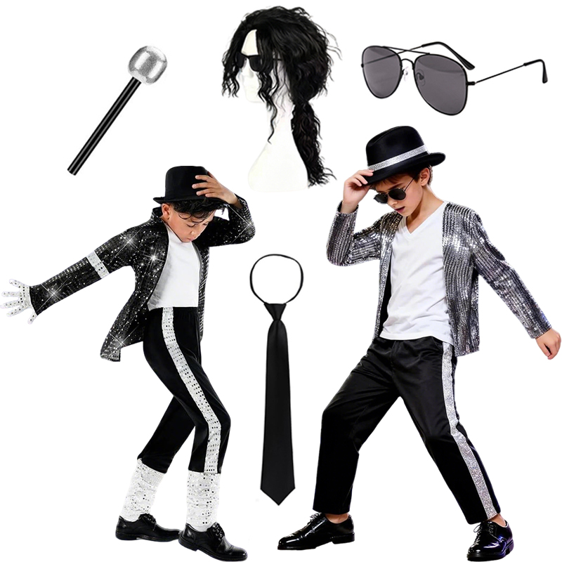 Chłopięcy Zestaw Kostiumów Cosplay Celebrytów: Kurtka z Cekinami, Spodnie z Akcesoriami, Strój Karnawałowy Urodzinowy Hip Hop dla Dzieci