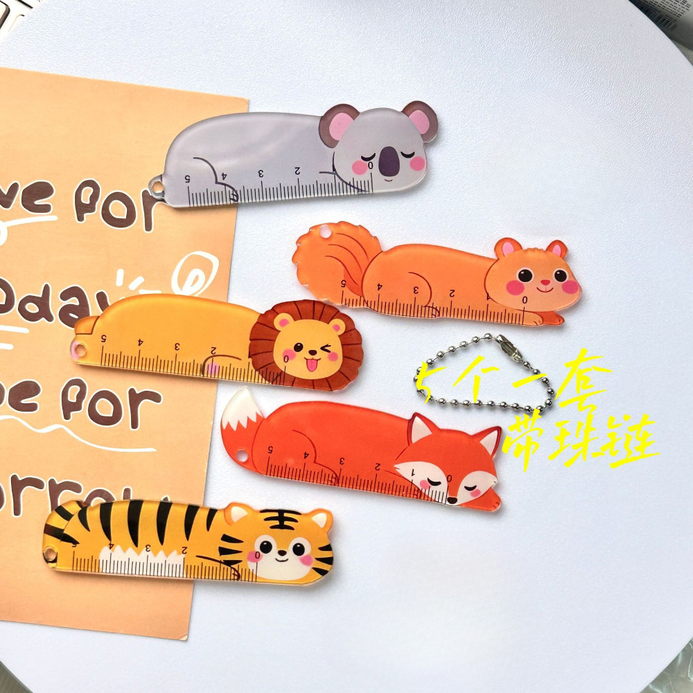 5Pcs/Set Cute Cartoon Animal Shaped Ruler Student Acrylic Straight Rulers Drawing and Measuring Tool Small Pendant Stationery