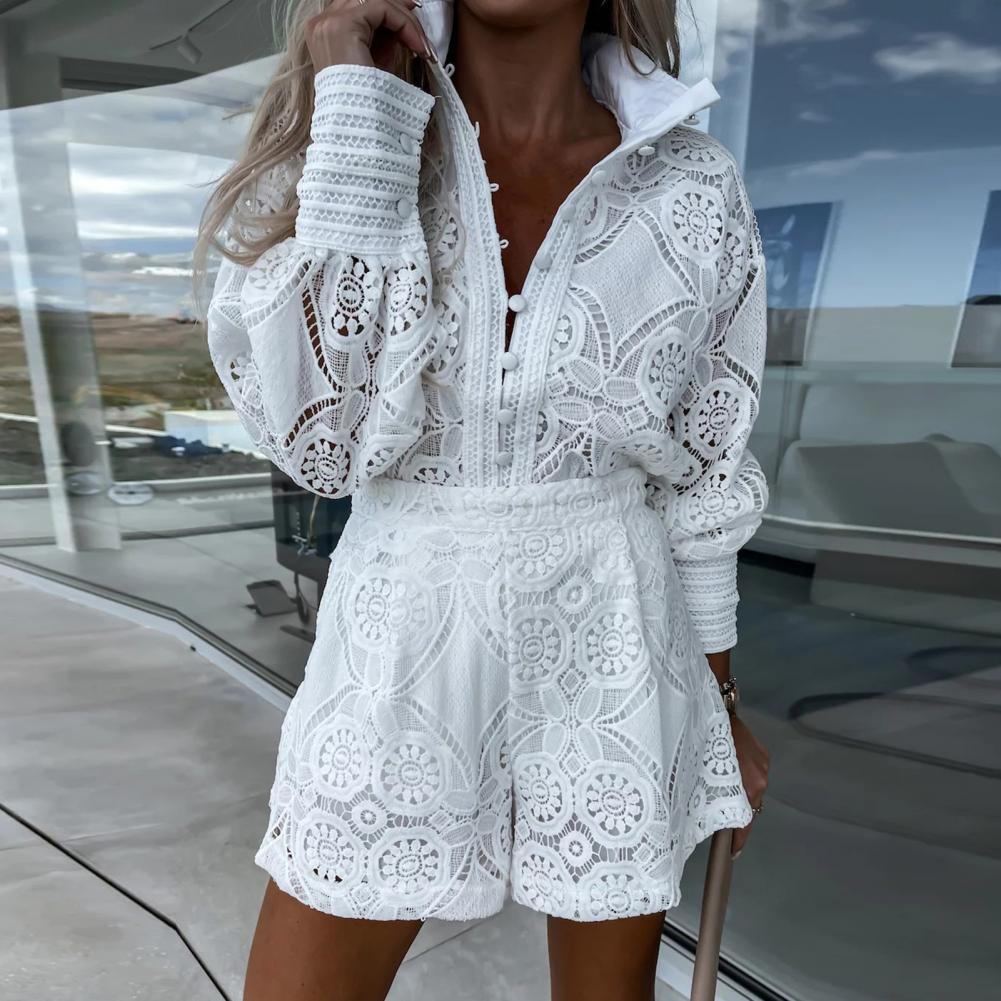 Ensembles de shorts en dentelle blanche à simple boutonnage pour femmes, tenues de fête décontractées, manches longues, vintage, printemps, été, 2 pièces
