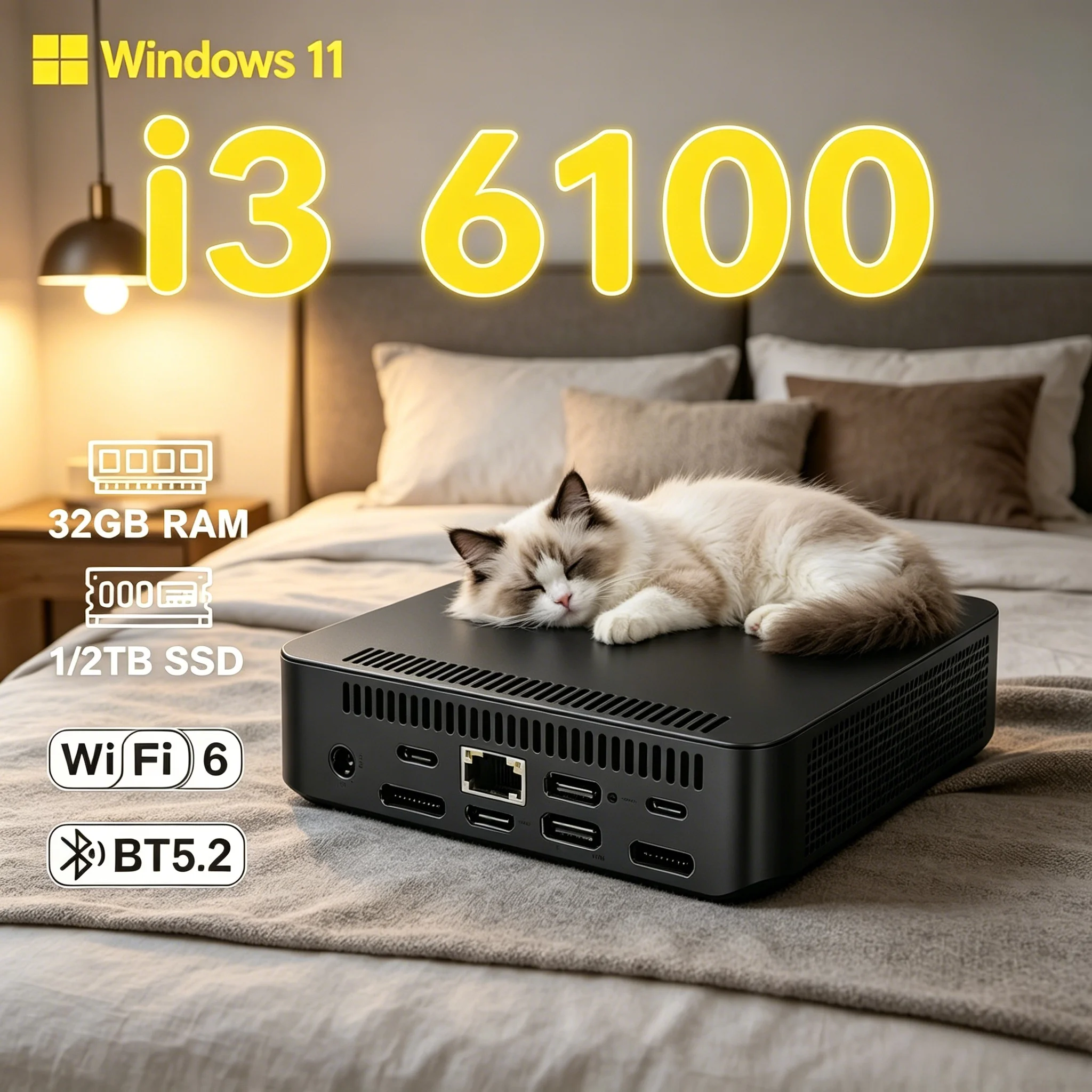 Mini PC Core I3 6100 de Alta Velocidade com 32GB de Memória Grande, Win11 Pro, WIFI 6, Bluetooth 5.2, Mini Host para Estudo em Casa