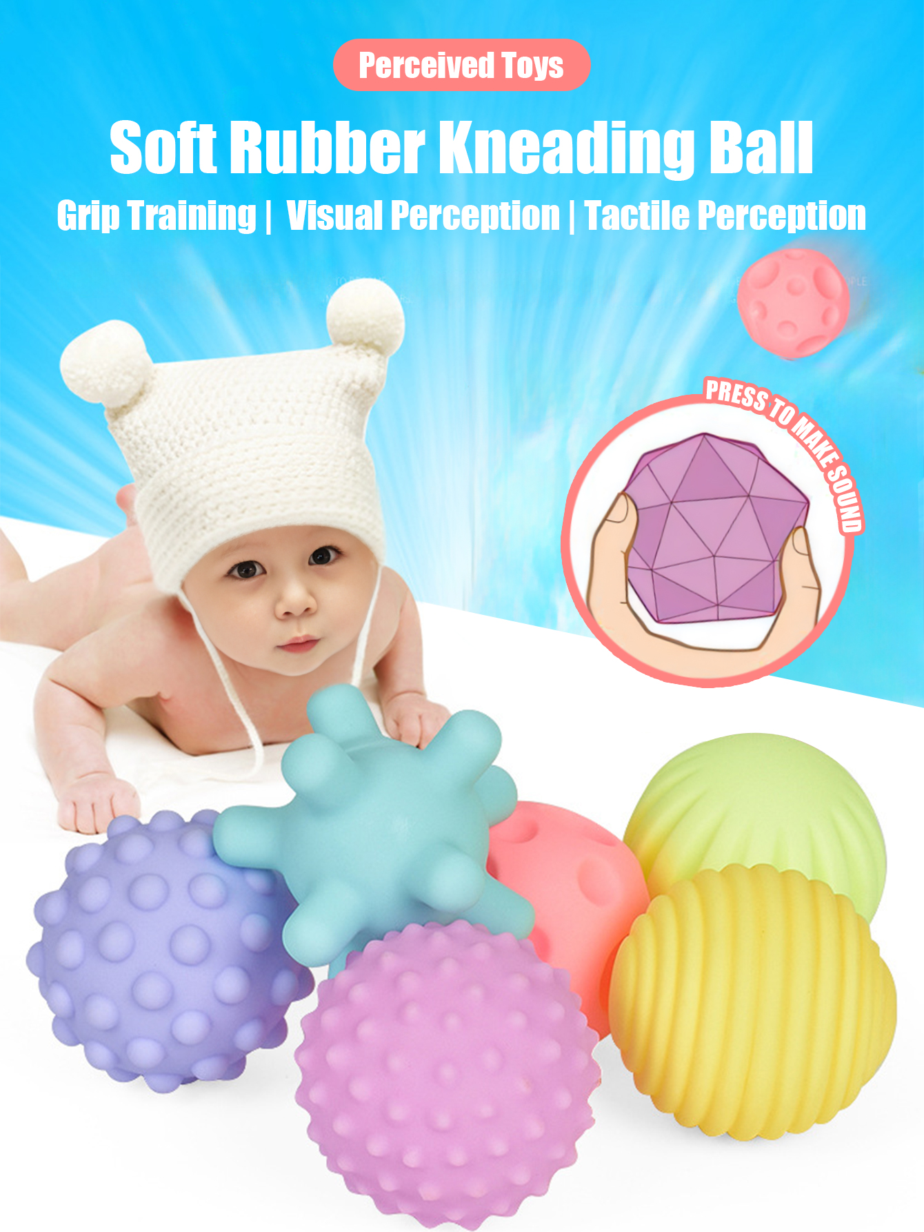 6-teiliges sensorisches Baby-Spielzeug, Bälle, Baby-Badewanne, Spielwasser, Badezimmer, Stofftiere, Ball kann einen Klang machen, weiche Gummiball