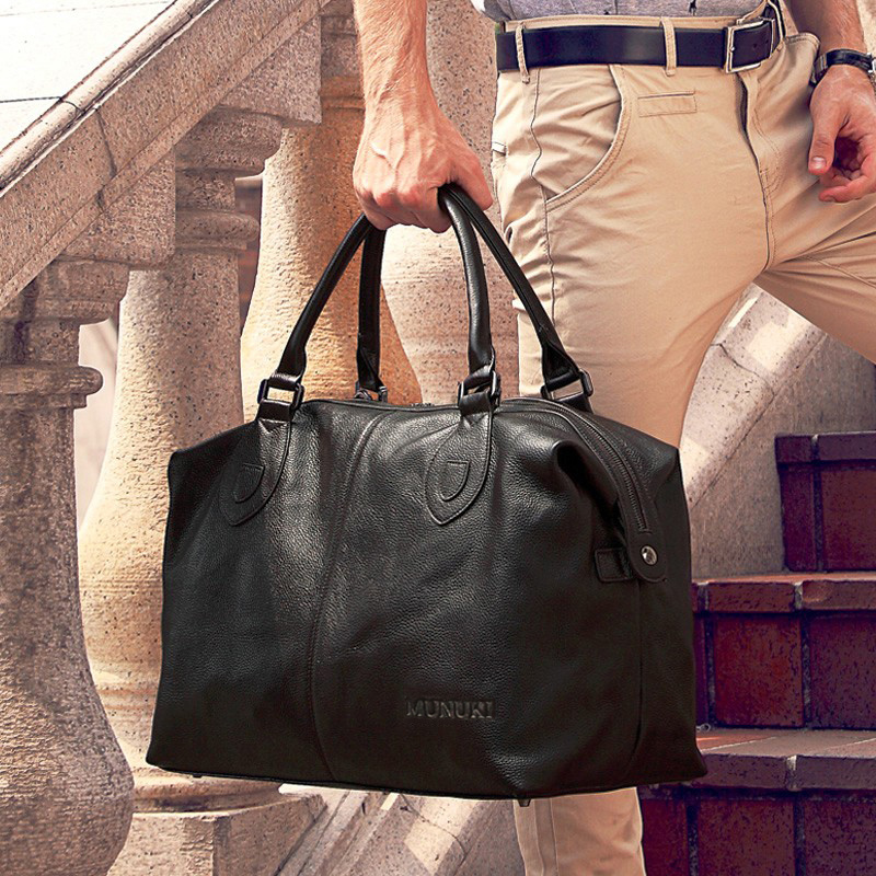 Fashion tas traveling kulit asli pria, tas bagasi besar pria, tas ransel akhir pekan wanita, tas bahu, tas Tote besar warna hitam