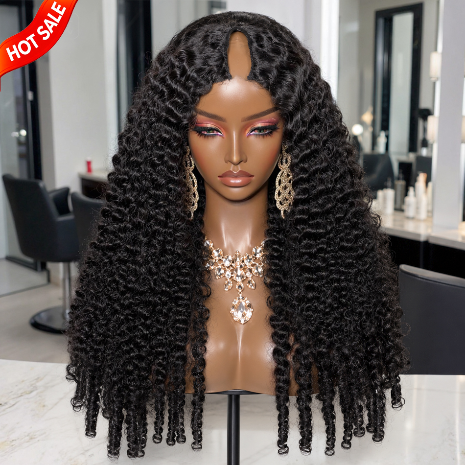 Parrucca V-Part riccia birmana con densità del 230%, in capelli umani, versione migliorata della parrucca U-Part con coulisse, senza colla, con clip, mezza parrucca senza colla, a onda profonda, a forma di V, per donne di colore, senza bisogno di lasciare