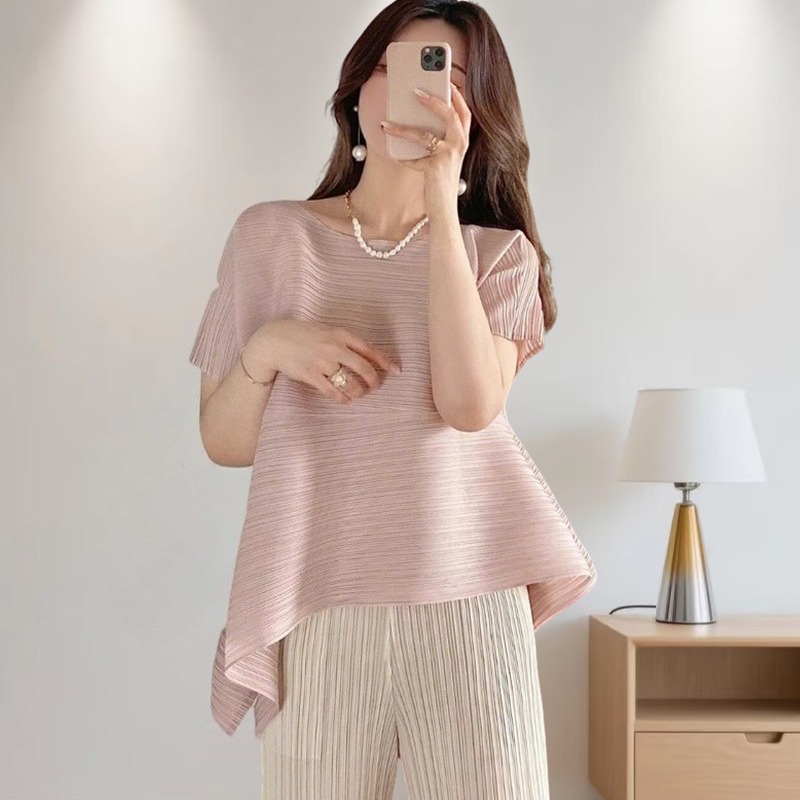 Miyake onregelmatige geplooide top met korte mouwen, eenvoudig los, grote maten met stretch T-shirt, vakantiekantoorkleding, polyester crêpe