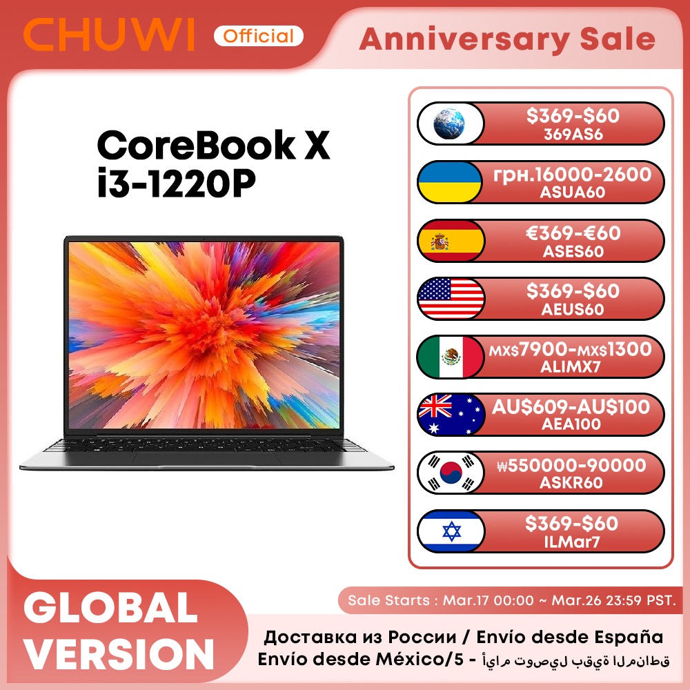 CHUWI CoreBook X 2024 Laptop i3-1220P 10Cores 14 inch FHD IPS Screen 16GB RAM 512GB SSD WIFI 6 Windows 11 Gaming NoteBook PC