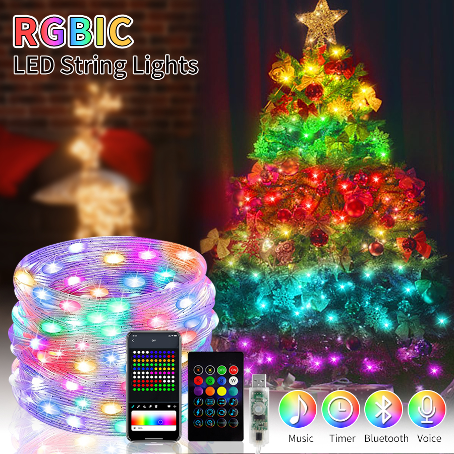 WS2812B RGBIC LED Lichterketten Girlande Bluetooth 5V USB Musik Traum Farbe Lichterkette Weihnachten Geburtstag Hochzeit Party Decor