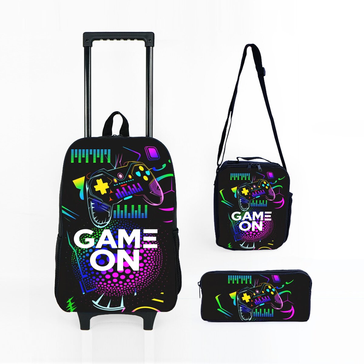 Ensemble de valises à roulettes Cyberpunk pour enfants avec boîte à lunch et trousse à crayons à roulettes, sac à roulettes scolaire pour filles/garçons