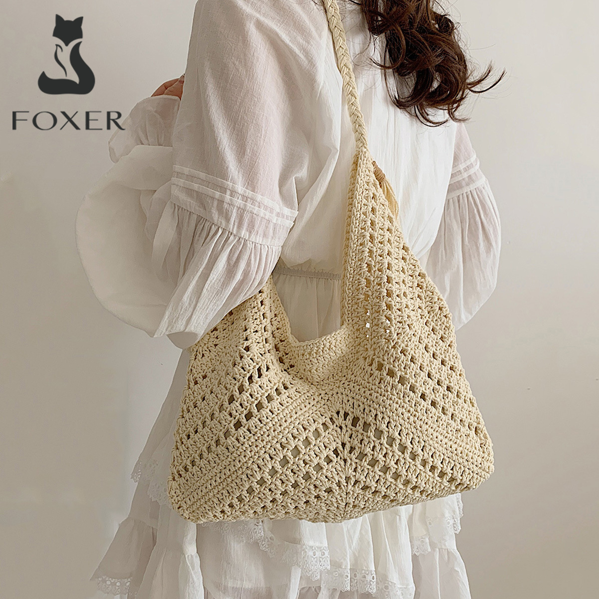 Sac fourre-tout tissé FOXER pour femme, nouvelle collection été 2026, sac de voyage à bandoulière pour fille, sac à bandoulière pour vacances