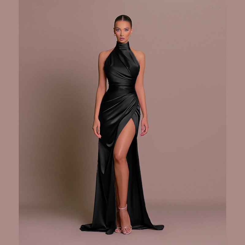 2026 Retro-Stil Satin Neckholder Maxikleid Elegant Tailliert mit Hohem Schlitz für Partys und Formelle Anlässe Einfarbig Minimalistisch Langes Kleid