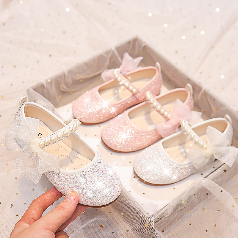 Moda dziewczęca Mary Janes na wesele pokazuje kokardki perły eleganckie buty księżniczki eleganckie buty dziecięce antypoślizgowa moda dziecięca