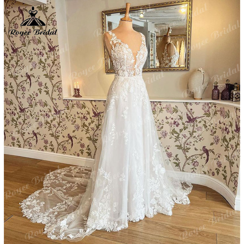 2025 robe mariage uma linha tanque vestido de casamento profundo decote em v renda floral appliqued vestido de noiva vestidos noiva personalizado