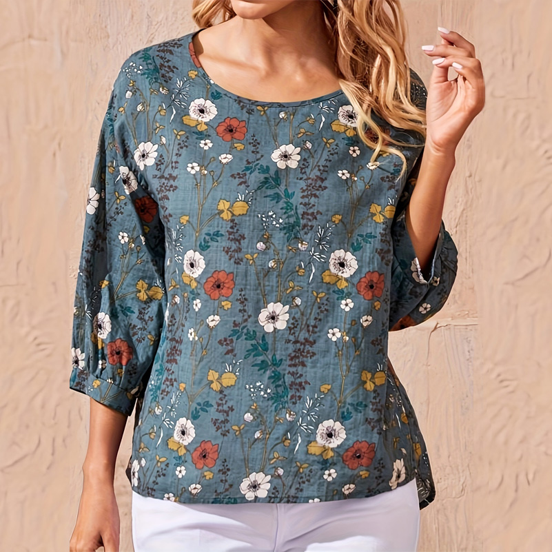 Casual damesshirt in grote maten, losse top met bloemenprint, ronde hals en lantaarnmouwen, casual damestop voor op kantoor