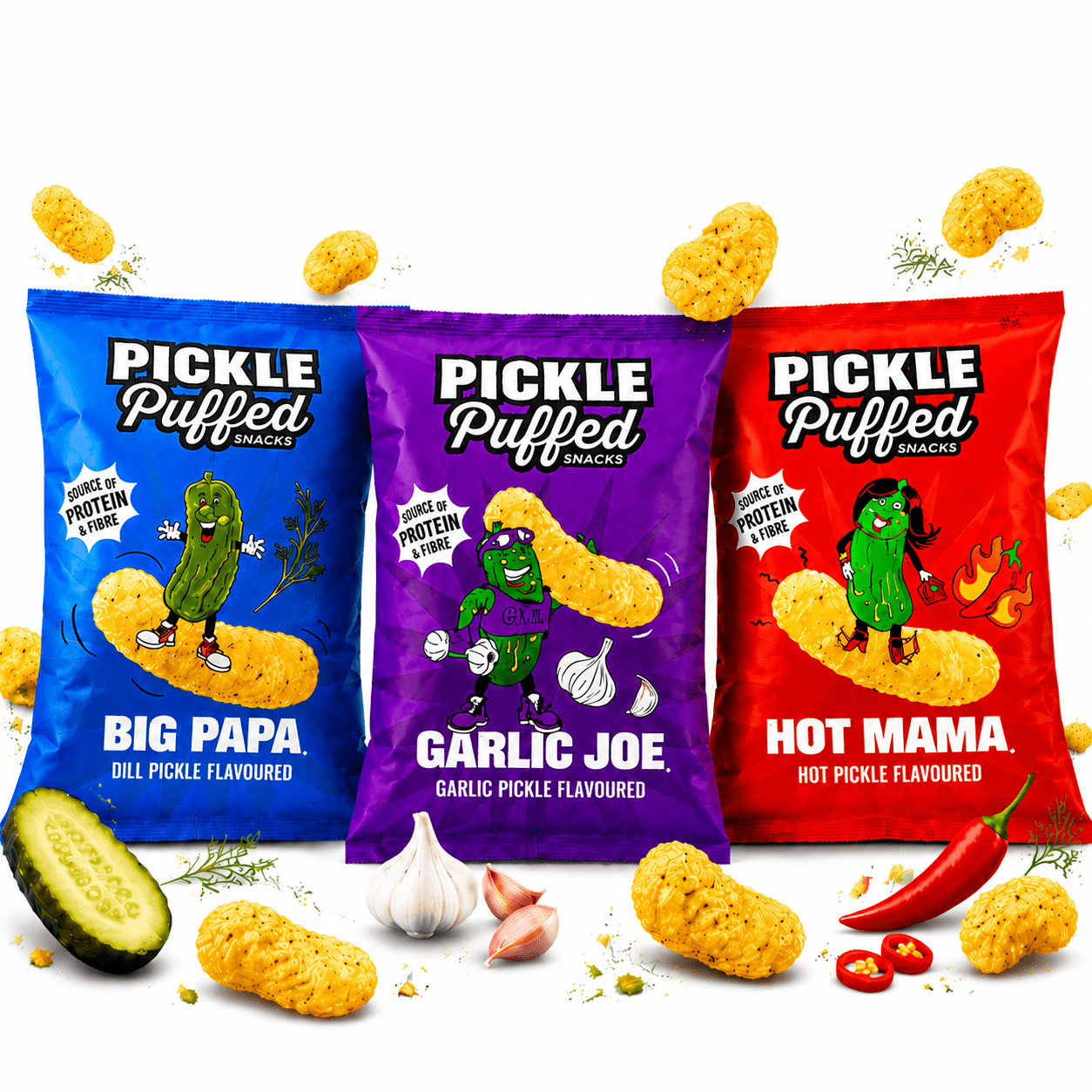 3 Pack Pickle Flavoured Puffs Crisps Snack Combo- Crunchy Corn Snack, Tangy & Spicy Flavoured