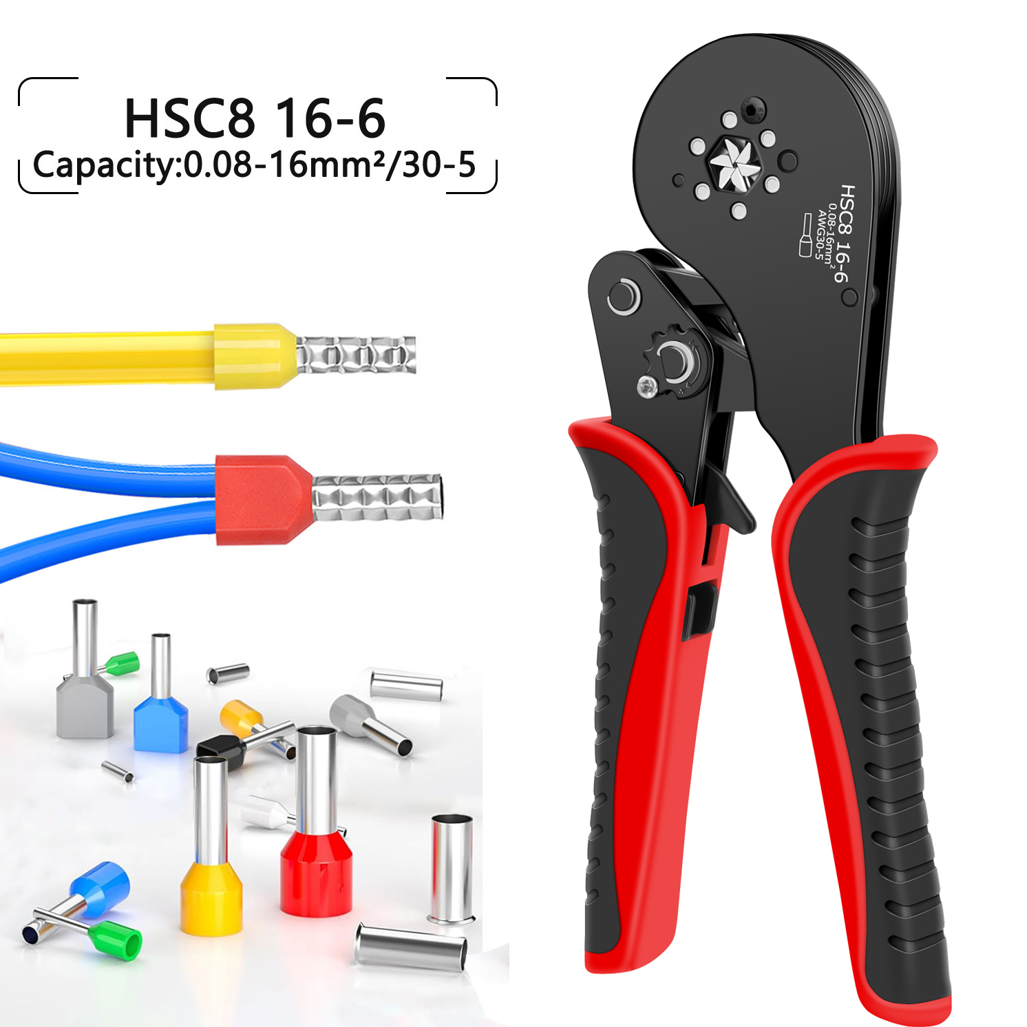 HSC8 16-6 Aderendhülsen-Crimpzange Rohrförmige Klemmzange für Große Anschlüsse Elektrische Klemmen 0,08-16mm²/30-5AWG Zange