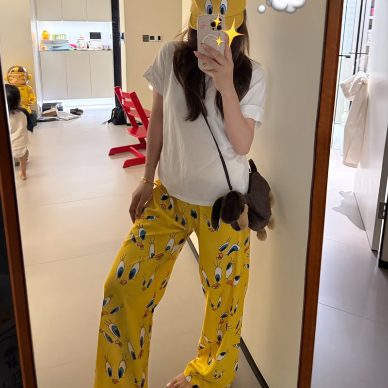 Lazy Sle Wide Leg Pants Thin Summer Loose Comfortable Home Wear Walking Trousers Low Waist Long Pants Cotton Women's Pyjama