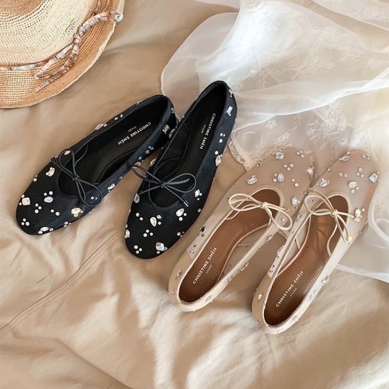 Sapatos Femininos Mary Jane com Strass e Malha, Moda com Laço de Borboleta, Confortáveis, Estilo de Rua, Sola Macia, Sapatos Planos Femininos 65