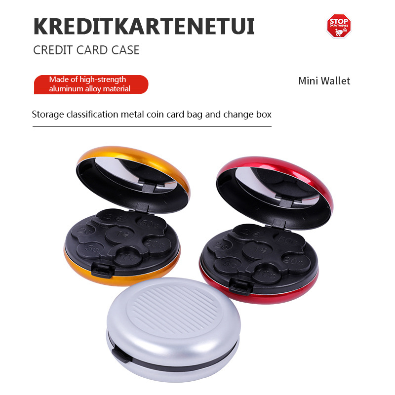 Dompet koin portabel, kotak penyimpanan koin Mini kreatif modis, dompet koin Euro bulat bahan Aloi aluminium dengan cermin