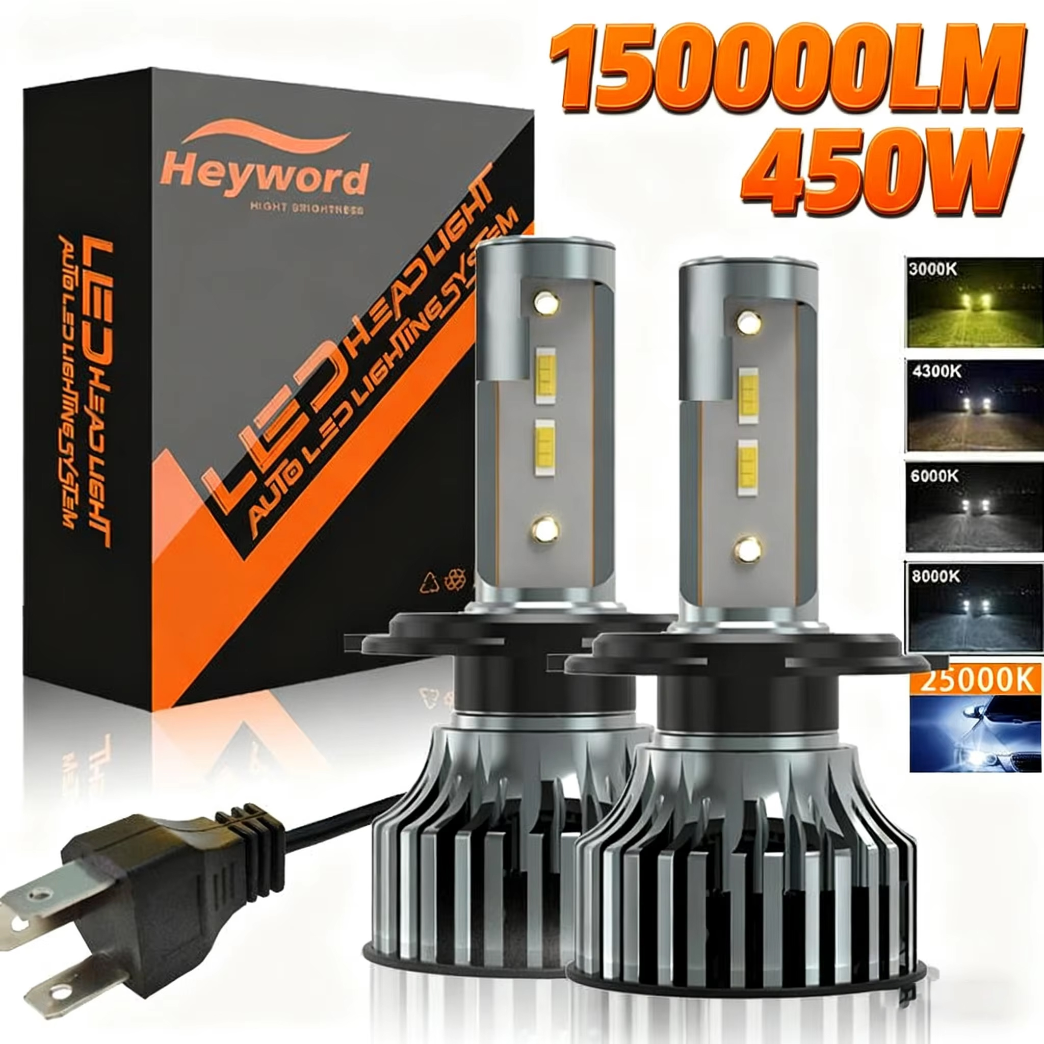 Светодиодные автомобильные фары Heyword 150000 лм 450 Вт с чипом CSP 1860, 3000K/4300K/6000K/8000K, H4, H7, H1, 9005, H11