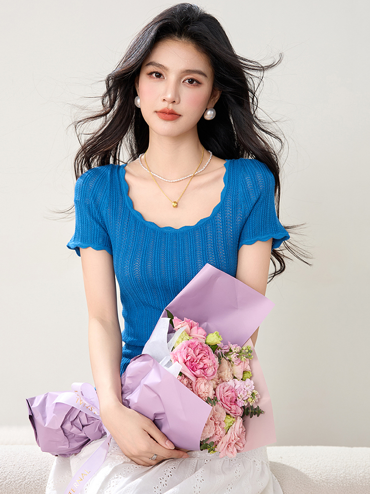 Korean Style Knitted Short Sleeve T-shirt Women's 2025 Summer New Square Neck Slim Fit Tops Casual Versatile Solid Color T-Shirt