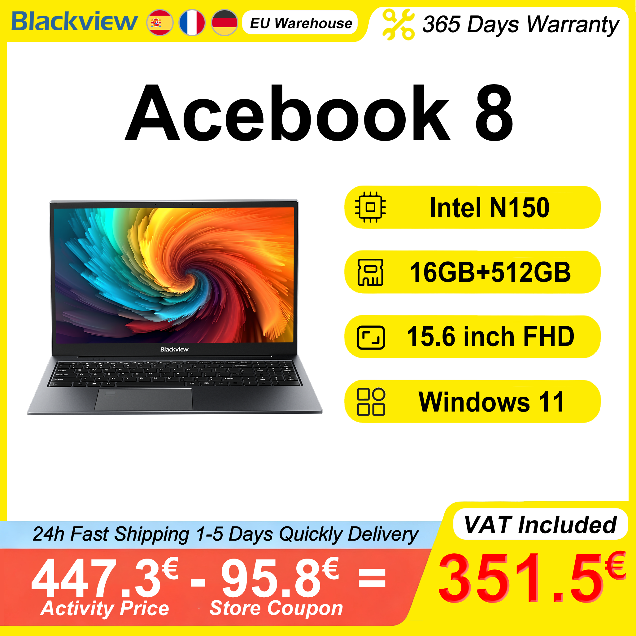 Blackview AceBook 8 Laptop 15,6" FHD IPS Intel N150 16 GB RAM 512 GB SSD + Erweiterung bis zu 1 TB Windows 11 Home Intel UHD Graphics