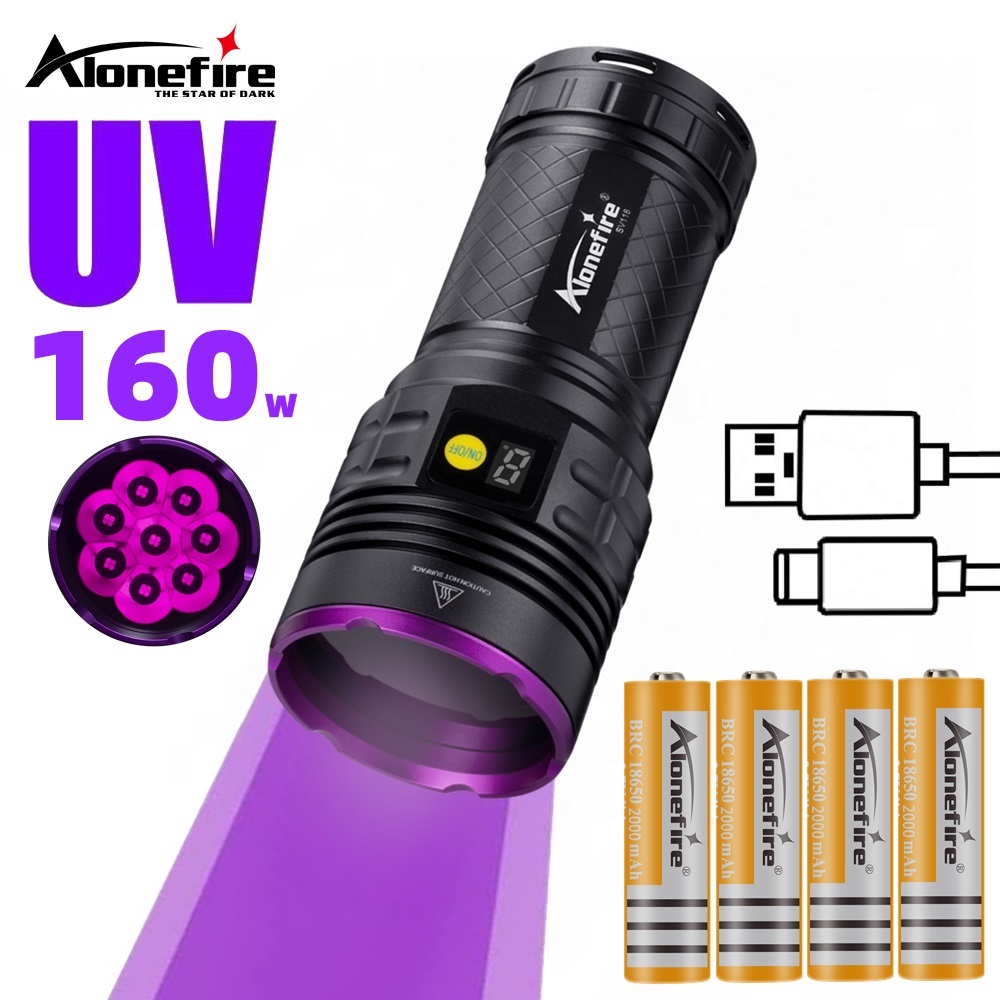 Linterna UV de alta potencia de 160W, luz negra, mancha de orina de perro y gato, mineral de tiña, marcador de escorpión, potente lámpara de antorcha UV recargable