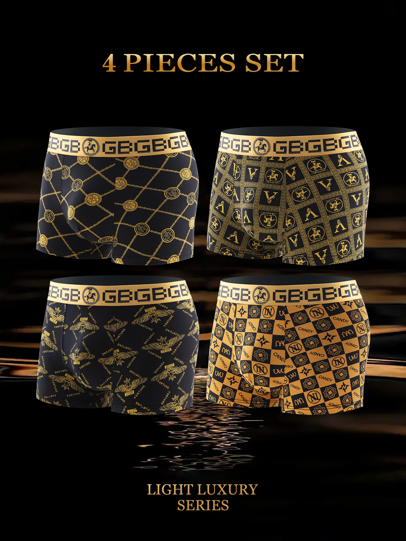4 peças/roupa íntima masculina de vários estilos, cuecas boxer estampadas pretas e douradas, cuecas de personalidade da moda, boxers confortáveis masculinos