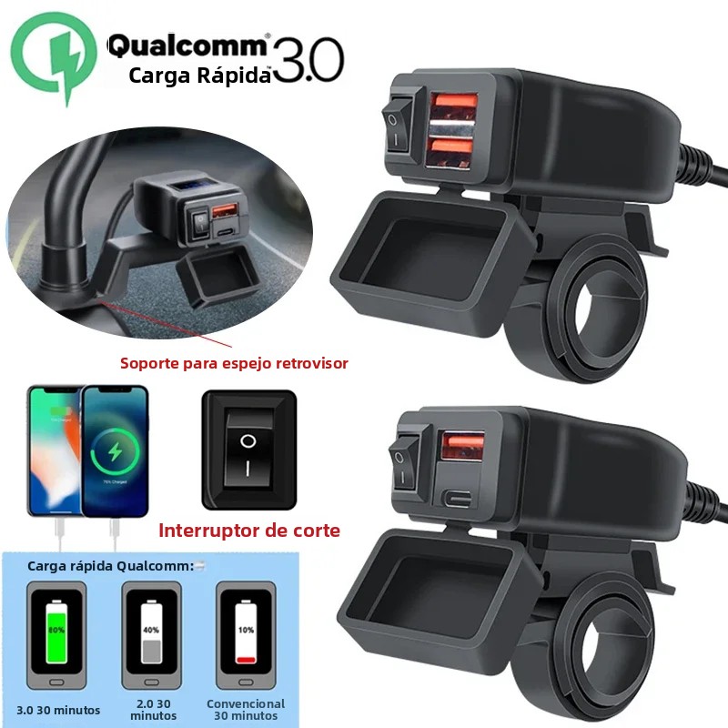 Cargador USB Rápido para Motocicleta PD QC3.0, Conector de Puerto Tipo C a Prueba de Agua con Voltímetro Digital para Celulares