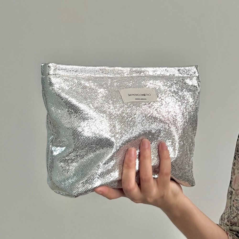 Bolsa de Maquiagem Portátil com Lantejoulas Brilhantes, Bolsa Cosmética Prata Champanhe, Bolsa de Armazenamento para Produtos de Higiene e Cuidados com a Pele, Viagem