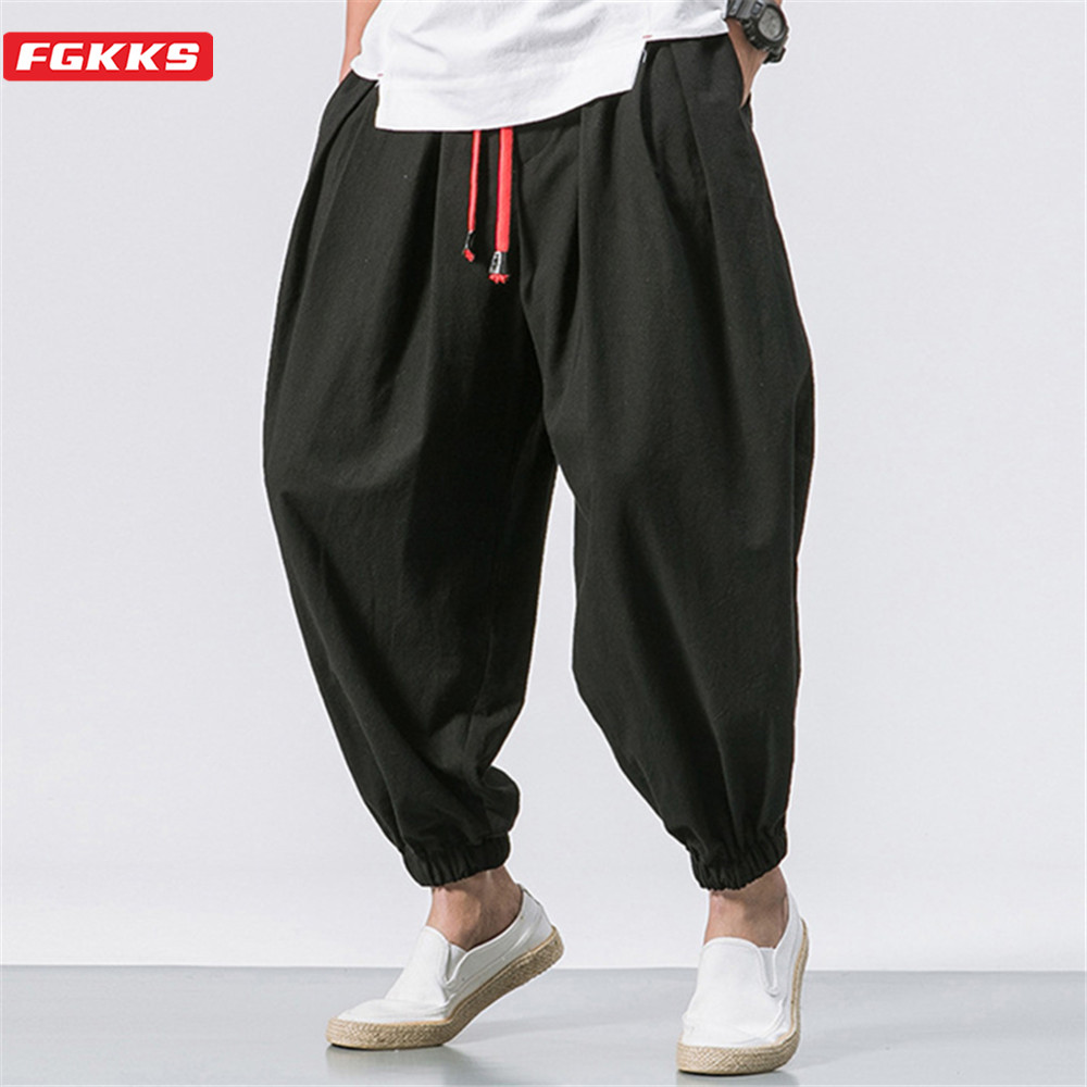 FGKKS, nuevos pantalones bombachos holgados de gran tamaño para hombre, pantalones de chándal de lino chino de otoño, pantalones de marca informales de alta calidad para hombre