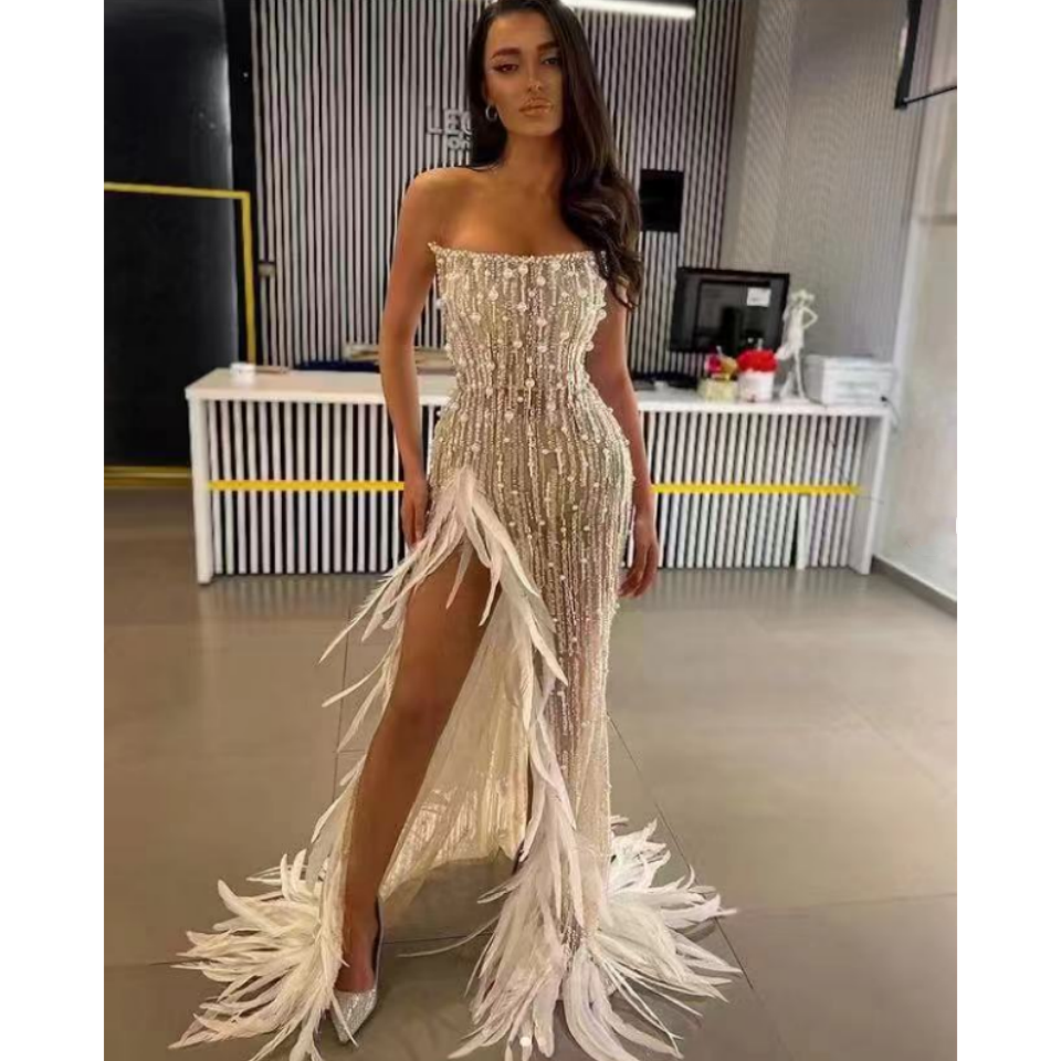 Prachtige Veren Kralen Pailletten Hoge Split Strapless Vloerlengte Jurk Vrouw Verjaardagsfeest Vestido Podium Performance Kostuum