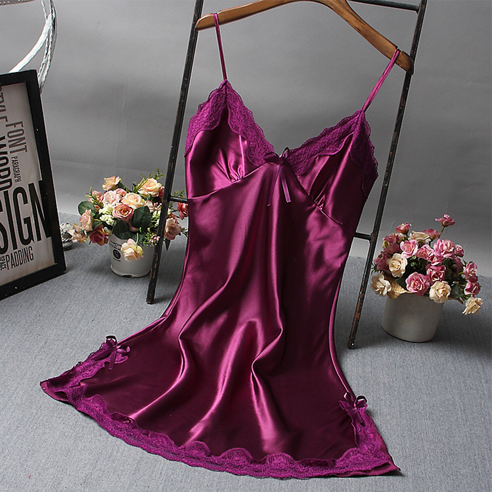 Camisón suave de satén Sexy para mujer, lencería de encaje, ropa de dormir de Color sólido, vestidos cortos envolventes para mujer, ropa de dormir de verano